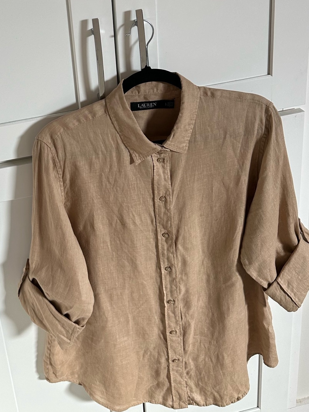 Lauren Ralph Lauren Spring Khaki Linen Roll Up Sleeves Shirt